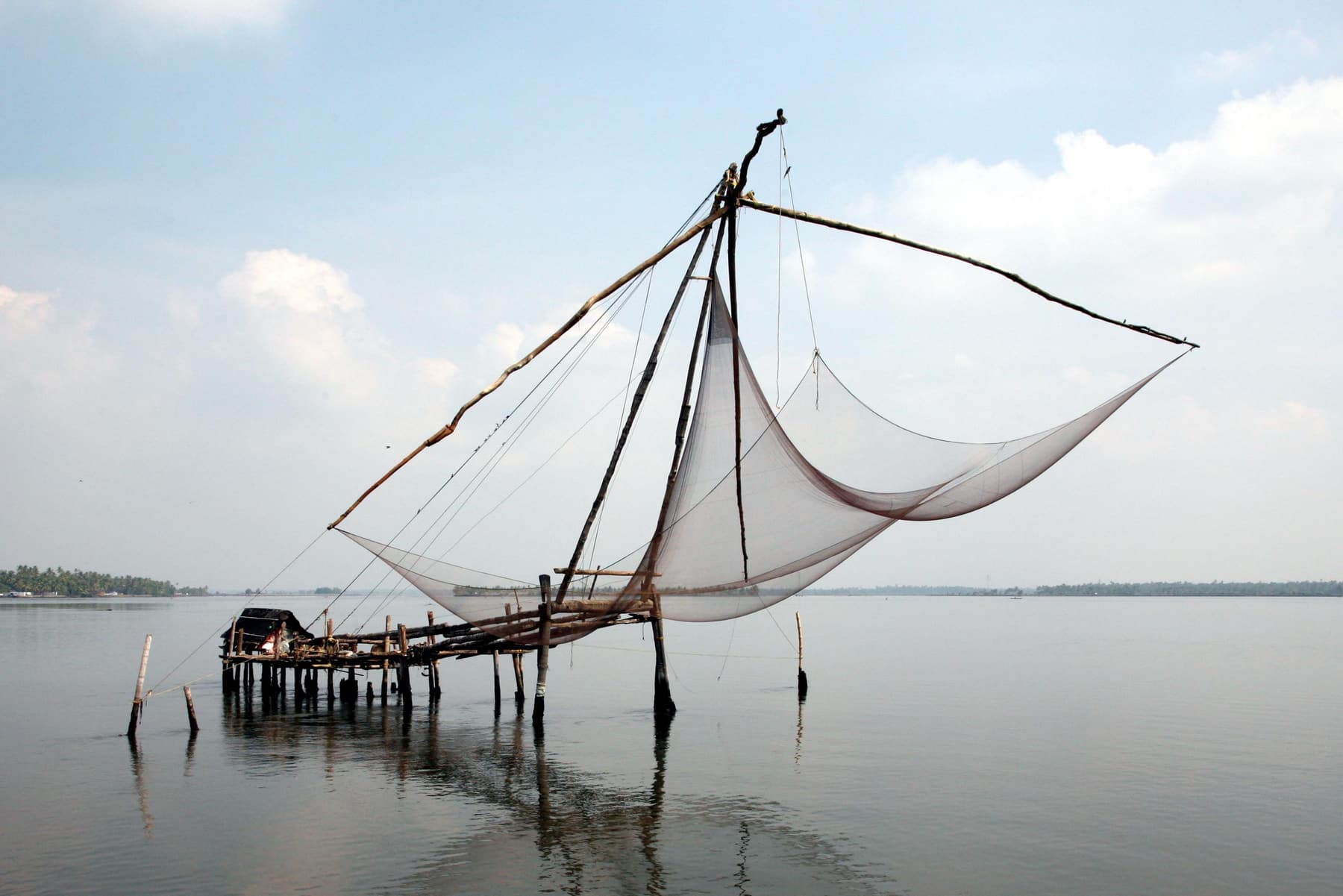 Calm Kerala waterfront with Chinese fishing nets