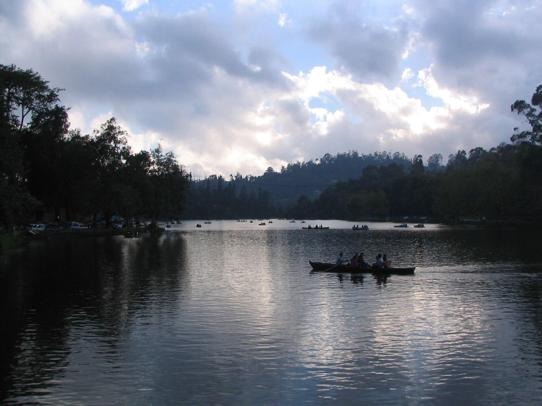 Misty lake and blue hills